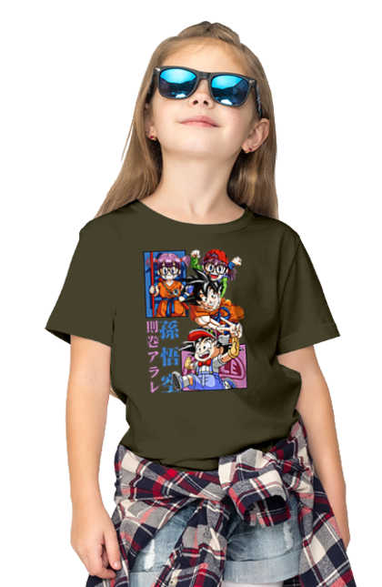 Children's t-shirt with prints Dragon Ball Son Goku and Arale. Anime, arale, arale norimaki, dr. slump, dragon ball, goku, manga, son goku, tv series. 2070702