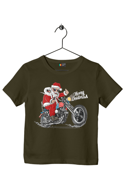 Футболка дитяча з принтом "Санта в окулярах на мотоциклі". Байкер, дід мороз, зима, мотоцикл, новий рік, різдво, санта, санта клаус, сніг, щасливого різдва. 2070702
