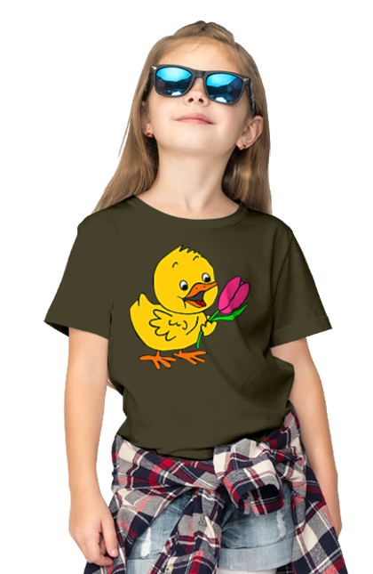 Children's t-shirt with prints Chicken With A Tulip. Chick, tulip. 2070702
