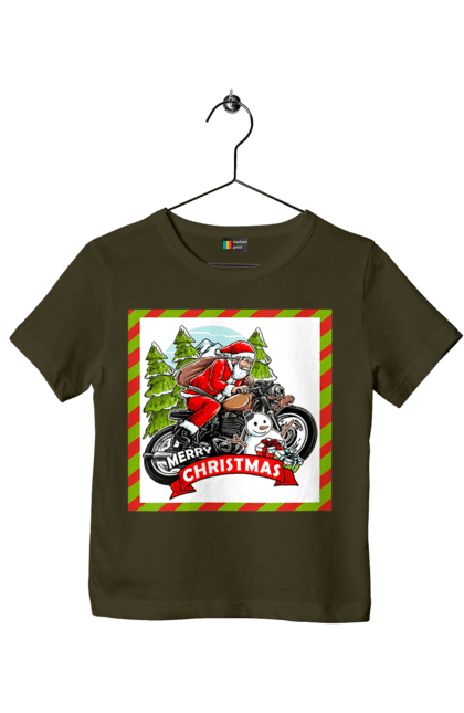 Children's t-shirt with prints Santa on a motorcycle. Christmas, motorcycle, new year, presents, santa, snowman, tree. 2070702