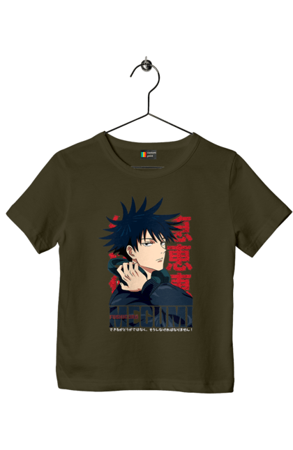 Children's t-shirt with prints Jujutsu Kaisen Megumi. Anime, dark fantasy, fushiguro, fushiguro megumi, jujutsu kaisen, magic battle, manga, megumi, mystic. 2070702