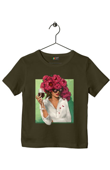 Children's t-shirt with prints Girl with peonies and a glass. Flower, girl, glasses, goblet, peonies, shirt, summer, wine. 2070702