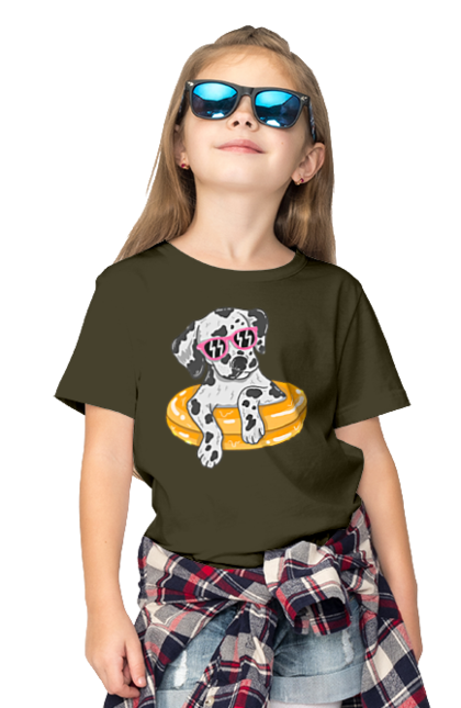 Children's t-shirt with prints Dalmatian Swims In A Circle. Dalmatian, dog, glasses, to swim. 2070702