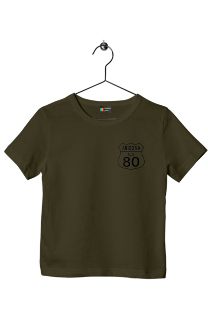 Children's t-shirt with prints Route 80. Bike, biker, biker club, bikers club, brother, brutal, dude, hot asphalt, hot horse, hot rod, motorcycle, motorcyclist, real man, road 50, road 66, road 80, roads of america, roads of ukraine, roads we choose, speed, take, thirst for speed. 2070702