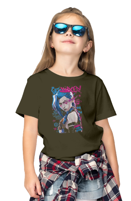 Children's t-shirt with prints Arcane. Animated series, arcane, fantasy, fortiche, jinx, league of legends, riot games, violet. 2070702