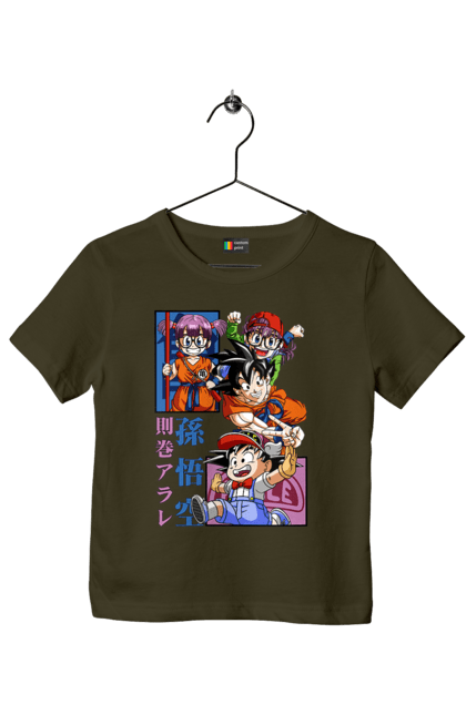 Children's t-shirt with prints Dragon Ball Son Goku and Arale. Anime, arale, arale norimaki, dr. slump, dragon ball, goku, manga, son goku, tv series. 2070702