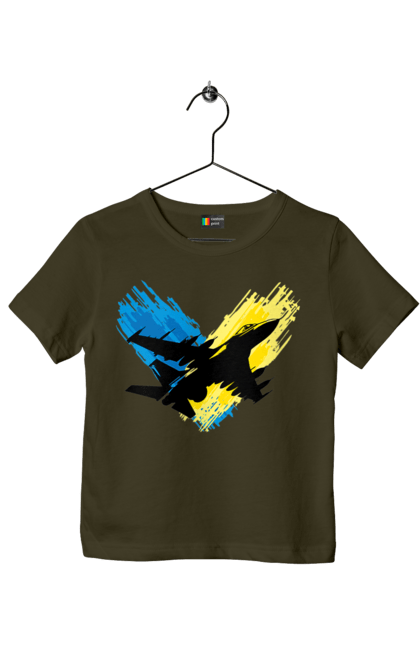 Футболка дитяча з принтом "Літак F 16". З прапором, зсу, літак, літак f16, патріотична, прапор, ф16. 2070702