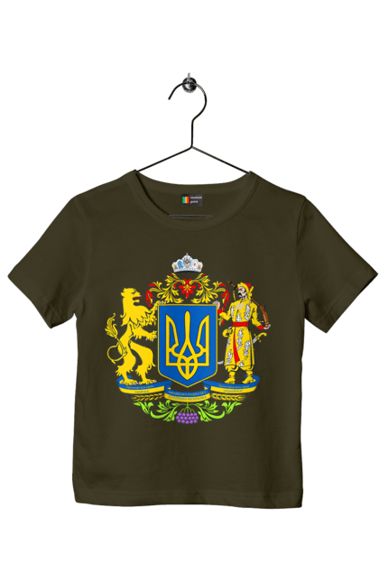Футболка дитяча з принтом "Герб України". Герб, герб україни, козак, лев, лев і козак, україна. 2070702