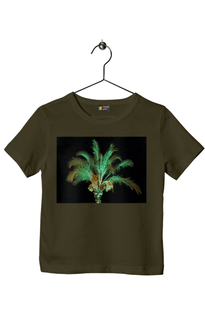Children's t-shirt with prints Date Palm At Night. Adventure, black, coast, date, green, island, night, oasis, ocean, palm, recreation, sea, sky, south, travel, tropics, vacation. 2070702