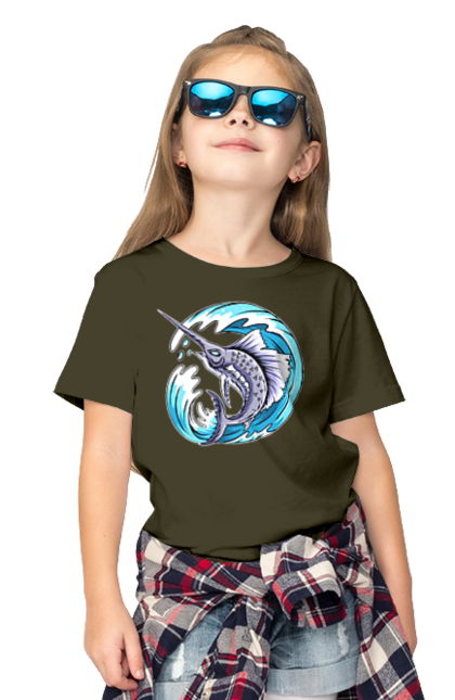Children's t-shirt with prints Fish Sword And Wave. Swordfish, wave. 2070702