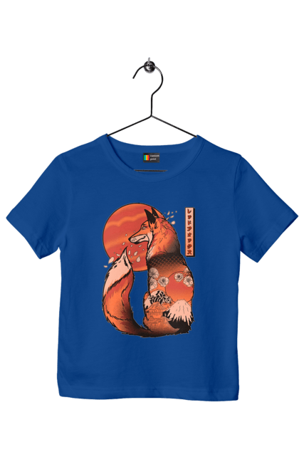 Children's t-shirt with prints Kitsune. Animal, cherry blossoms, flowers, fox, great wave, japan, japanese, kitsune, mount fuji, red fox. 2070702