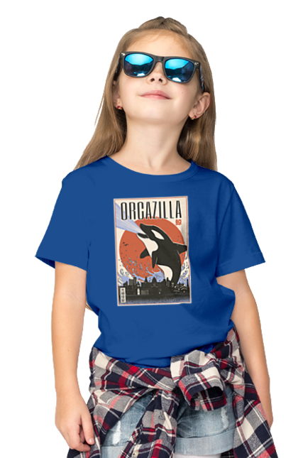 Children's t-shirt with prints Orcazilla. Cartoon style design, graphic, japan print, japanese, japanese art, japanese poster, japanese poster orca, ocean wildlife, orca, orcazilla. 2070702