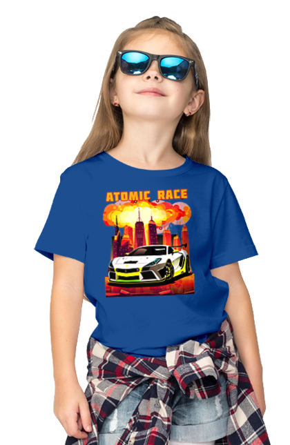 Children's t-shirt with prints Atomic race. Atomic race, automobile, car, race, racing cars, sport car, sports car. 2070702