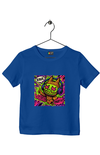 Футболка дитяча з принтом "Лабубу". Вечірка, вуличне мистецтво, графіті, зоряніочі, коміксстиль, лабубу, навушники, неон, попарт, рейв. 2070702