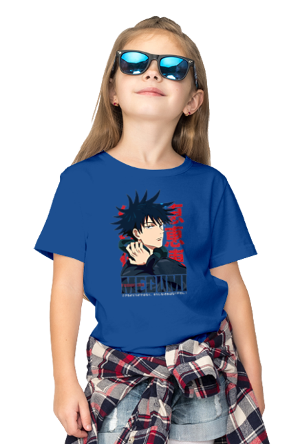 Children's t-shirt with prints Jujutsu Kaisen Megumi. Anime, dark fantasy, fushiguro, fushiguro megumi, jujutsu kaisen, magic battle, manga, megumi, mystic. 2070702