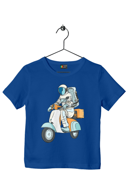 Футболка дитяча з принтом "Космонавт на мотоциклі". Космонавт, космос, мотоцикл. 2070702