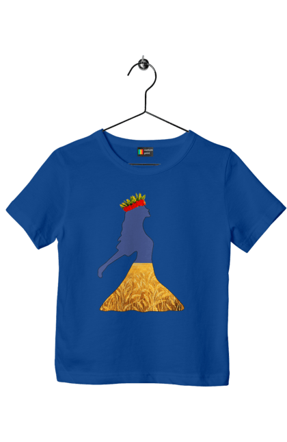 Children's t-shirt with prints Ukraine. Girl, national colors, poppies, sky, wheat field, wreath, yellow blue. 2070702