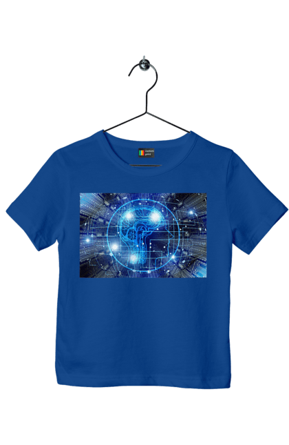 Футболка детская с принтом Искусственный интеллект. Айти, айтишник, гик, знание, инженер, интеллект, искусственный интеллект, искусственный разум, кибер, кибернетика, киборг, код, комп, компьютер, компьютерщик, кристалл, машинное обучение, микросхема, мозг, портрет, программист, профессионал, профессия, разработчик, разум, ум, хакер, чип. 2070702