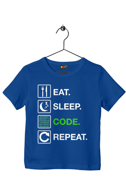 Футболка дитяча з принтом "Їж Cпи Кодуй Повторюй". Айті, айтішник, для айтішника, для програміста, їж спи, кодуй повторюй, подарунок айтішнику, подарунок програмісту, програміст, розробник. 2070702