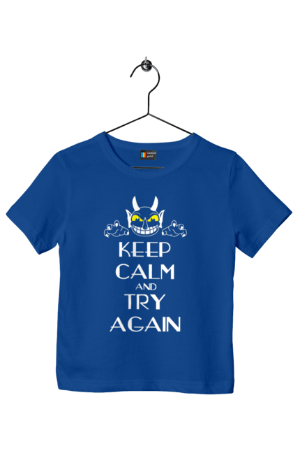 Футболка детская с принтом Сохраняй спокойствие и пробуй еще раз. Keep calm, try again, демон, сатана, сохраняй спокойствие, спокойствие, черт. 2070702