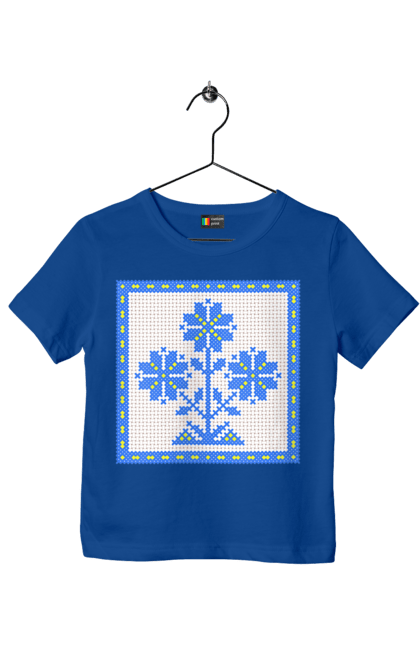 Children's t-shirt with prints Yellow blue embroidery flowers. Cross stitch, embroidery, flowers, symbol of ukraine, traditions of ukraine, ukraine. 2070702