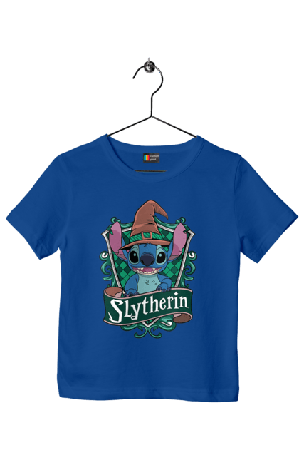 Children's t-shirt with prints Stich Slytherin. Faculty, franchise, harry potter, hogwarts, slytherin, stich. 2070702