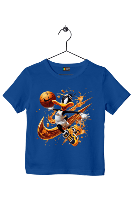 Футболка детская с принтом Даффи Дак Nike. Daffy duck, looney tunes, merrie melodies, nike, warner brothers, даффи дак, мультфильм, персонаж, утка даффи. 2070702