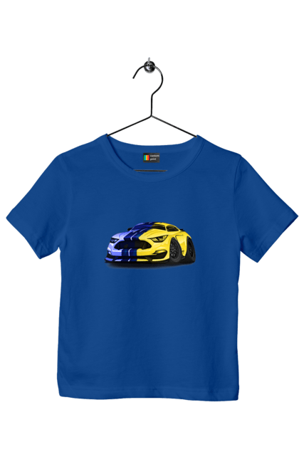 Children's t-shirt with prints Ukrainian mustang. Colors of ukraine, ford mustang, machine, mustang, shelby, supercar, yellow blue car. 2070702