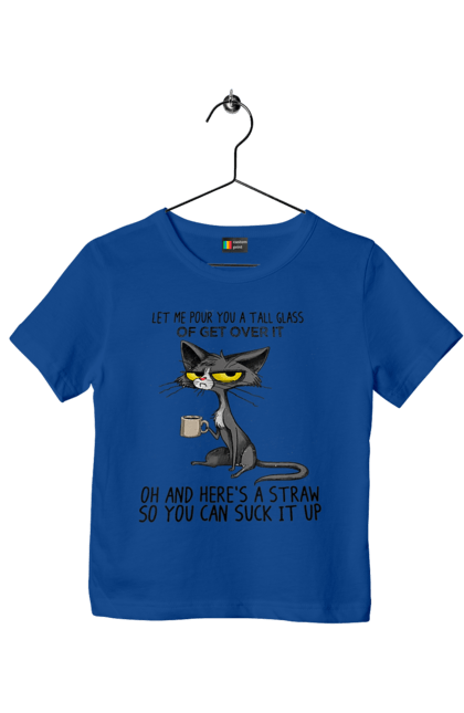 Футболка дитяча з принтом "Як це пережити?". Велика склянка, випий, все відмінно, йди нахуй, кіт і кухоль, налий, роздум, смоктати, як це подолати. 2070702