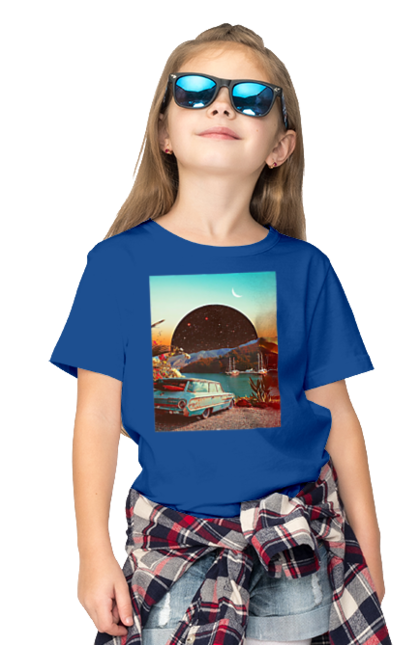 Футболка дитяча з принтом "Картина, машина біля річки". Картина, машина, планета, прикол, ретро, річка. 2070702