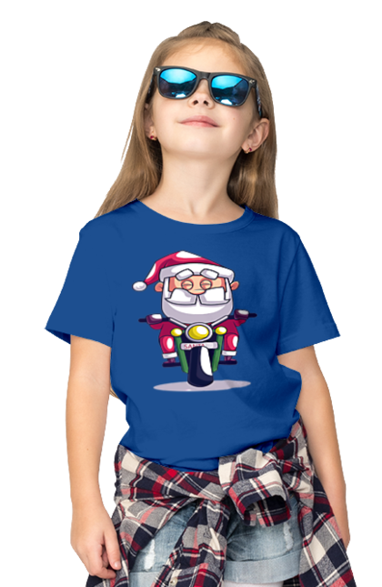 Футболка дитяча з принтом "Щасливий Санта на мотоциклі". 2022, дід мороз, зима, мотоцикл, новий рік, різдво, санта, сніг. 2070702