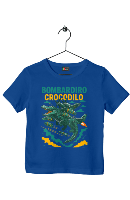 Футболка дитяча з принтом "Bombardino Crocodilo". Bombardino, bombardino crocodilo, crocodilo, бомбардіно крокоділо, крокодил, крокодил літак, крокодил мем, мем, мем бомбардине крокодило. 2070702