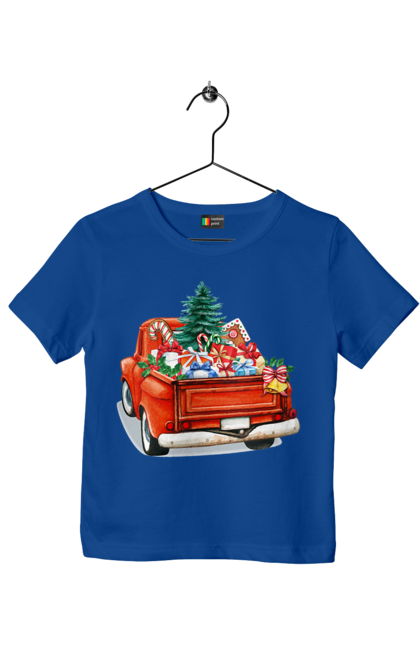 Children's t-shirt with prints Car with gifts. Car, christmas, new year, presents, santa, tree. 2070702