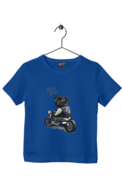 Футболка дитяча з принтом "Мопс на мотоциклі". Байкер, мопс, мотоцикл, собака, тварини. 2070702
