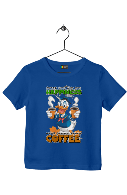 Children's t-shirt with prints Donald Duck Coffee. Animated series, cartoon, coffee, cup, disney, donald duck. 2070702