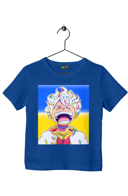 Children's t-shirt with prints Monkey D Luffy laughing on a yellow blue background. Flag of ukraine, luffy, monkey d luffy, one piece, symbol of ukraine, ukraine. 2070702