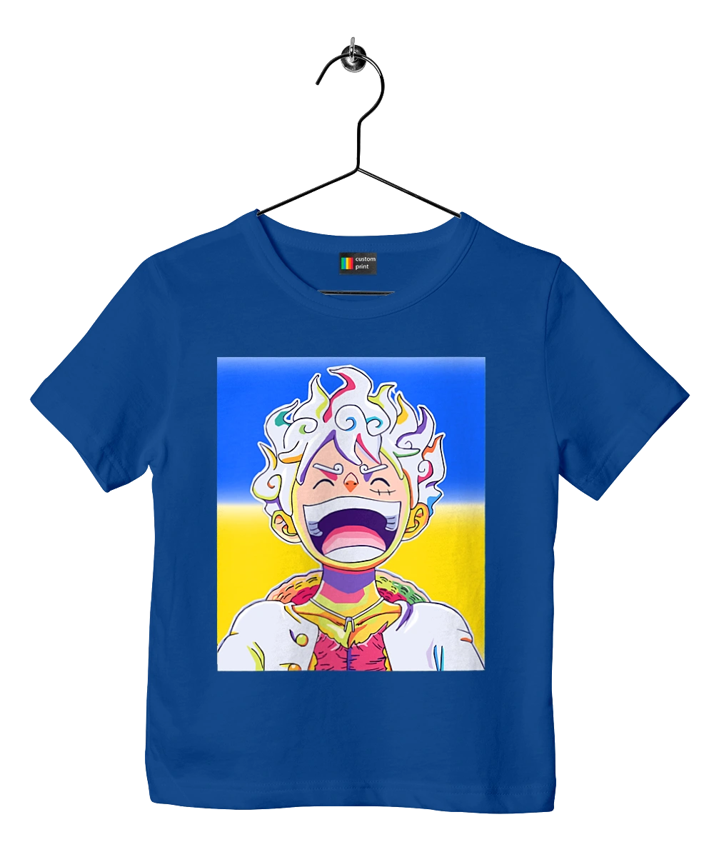 Монки д Луффи смеется на желтом синем фоне.