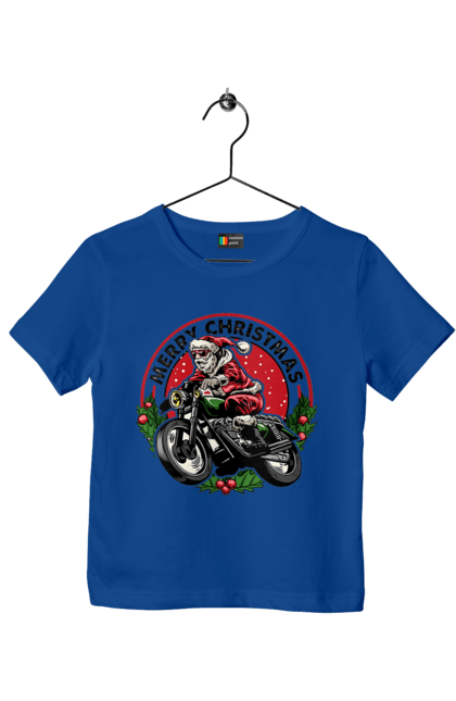 Футболка дитяча з принтом "Щасливого Різдва, дід мороз на мотоциклі". 2022, дід мороз, зима, мотоцикл, новий рік, подарунки, різдво, санта, сніг. 2070702