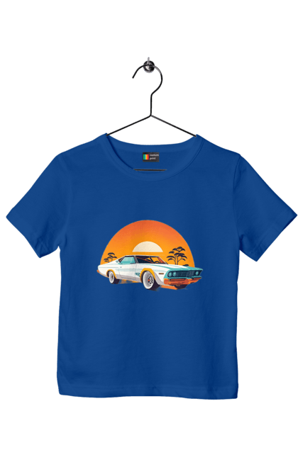 Children's t-shirt with prints Beautiful car at sunset. Auto, decline, sun. 2070702