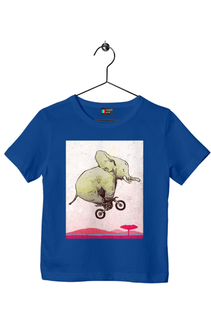 Футболка дитяча з принтом "Слон На Мотоциклі". Мотоцикл, політ, слон. 2070702