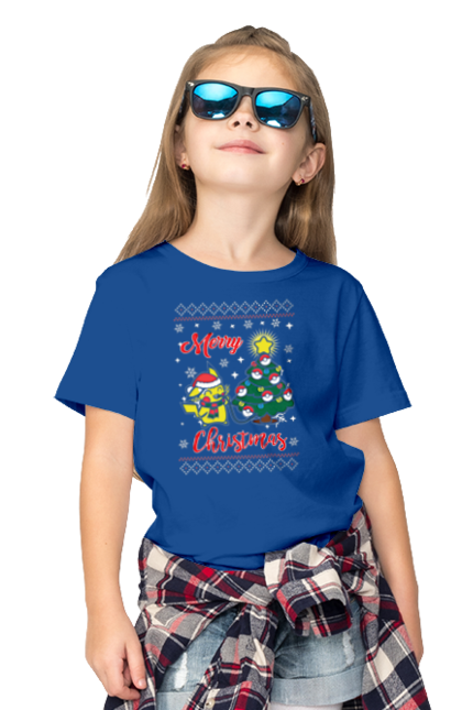 Футболка детская с принтом Пикачу Счастливого Рождества. Christmas, merry christmas, nintendo, pikachu, pokemon, аниме, игра, пикачу, покемон, рождество. 2070702