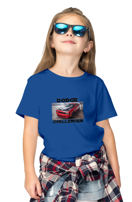 Children's t-shirt with prints Dodge challenger. An american legend, auto, car, classic car, cult car, dodge challenger, oil car, powerful car. 2070702