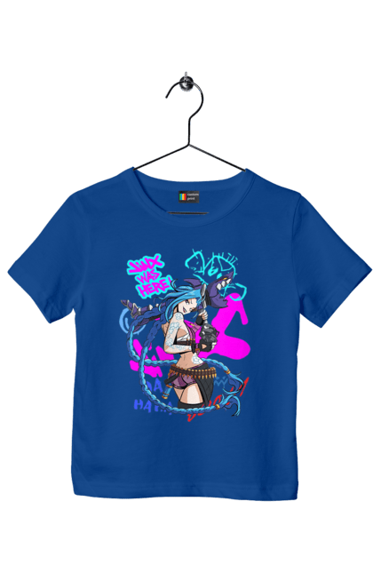 Children's t-shirt with prints Arcane. Animated series, arcane, fantasy, fortiche, jinx, league of legends, riot games, violet. 2070702