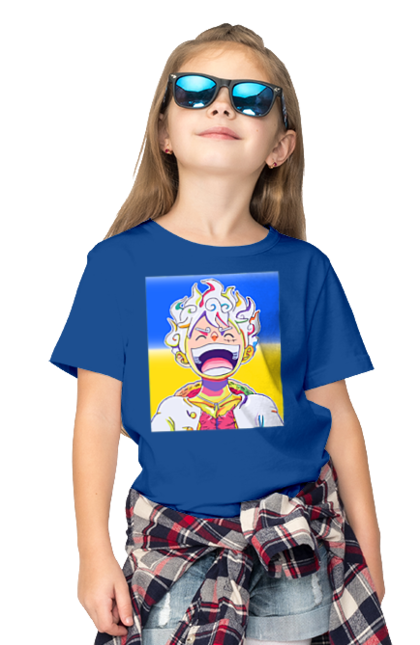 Children's t-shirt with prints Monkey D Luffy laughing on a yellow blue background. Flag of ukraine, luffy, monkey d luffy, one piece, symbol of ukraine, ukraine. 2070702