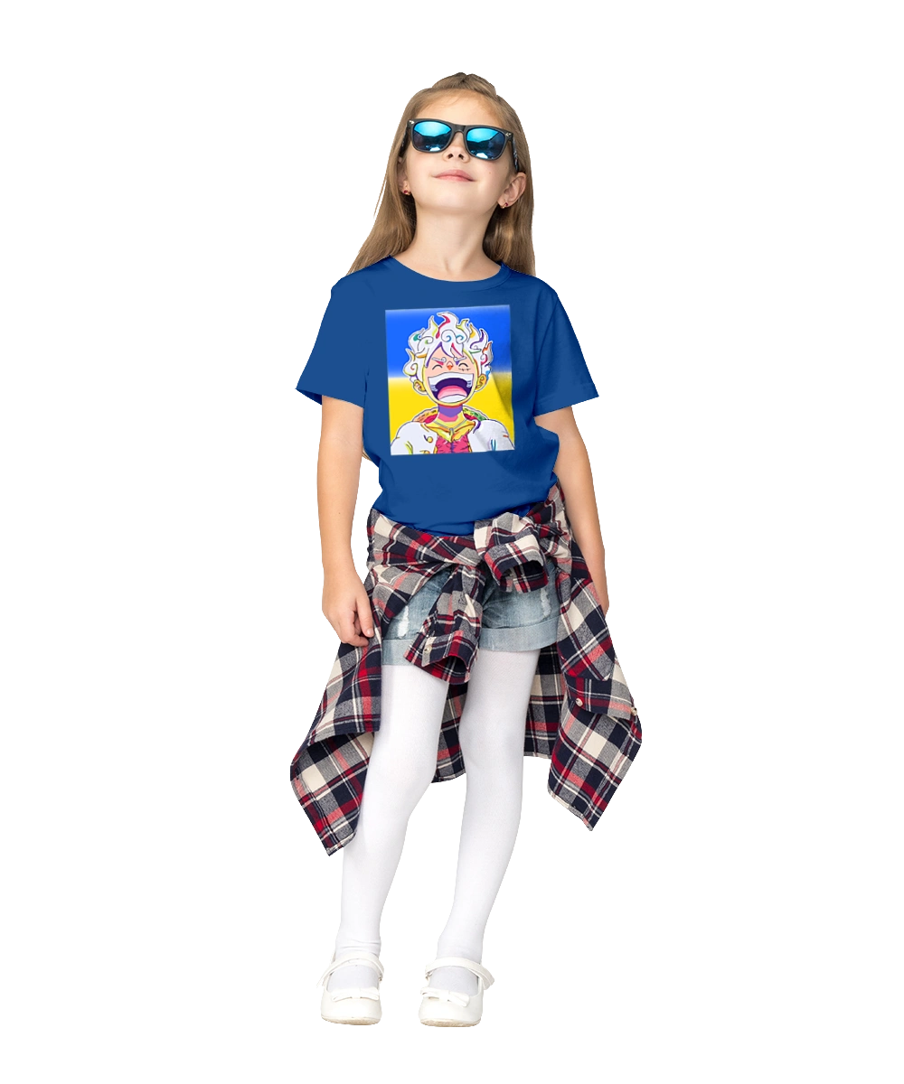 Монки д Луффи смеется на желтом синем фоне.