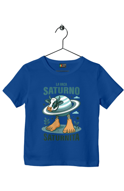 Футболка дитяча з принтом "Lavaca Saturno Saturnita". Брейнрот, італійська гнилизна мозку, італійський брейнрот, італійський мем, італійські меми, корова сатурн, ла вака, ла вака сатурно, лавака сатурно, сатурно сатурніто. 2070702