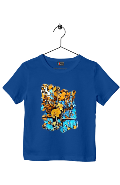 Футболка дитяча з принтом "Жовті квіти на синьому фоні". Арт, жовтий та синій, жовті квіти, жовто-синій, квіти, малюнок, природа, синій та жовтий, синьо-жовтий. 2070702