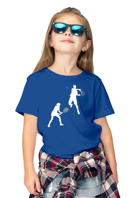Children's t-shirt with prints Tennis. Ball, ground tournament, hard, players, prize fund, racket, soil, sponsor, tennis, tournament grid. 2070702