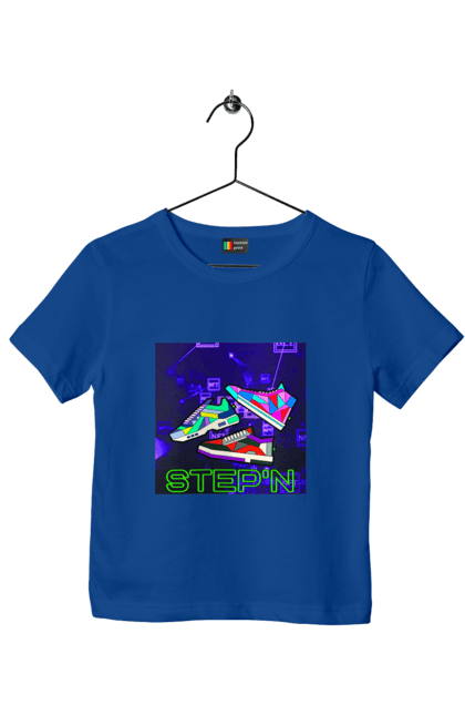 Футболка дитяча з принтом "Step`n". Віртуальні кросівки, крипта, криптовалюти, нфт, нфт кросівки, солана, степен. 2070702