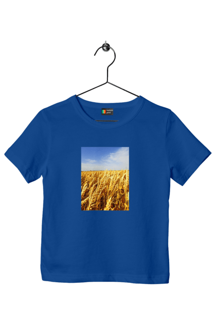Children's t-shirt with prints Ukraine. Beauty, blue, field, nature, sky, wheat. 2070702